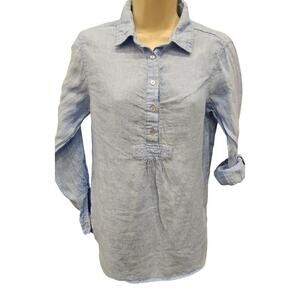 St Tropez blue linen popover tunic roll tab sleeve EUC career casual minimalist